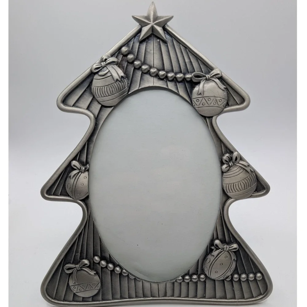 Christmas Tree Picture Frame Silver Pewter Tone Oval Opening Holiday Decor 5x3.5